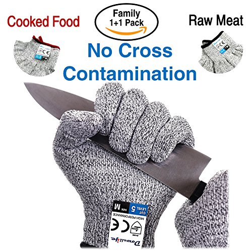 Dowellife Cut Resistant Gloves Food Grade Level 5 Protection, Safety Kitchen Cuts Gloves for Oyster Shucking, Fish Fillet Processing, Mandolin Slicing, Meat Cutting and Wood Carving. (Large-2 Pairs)
